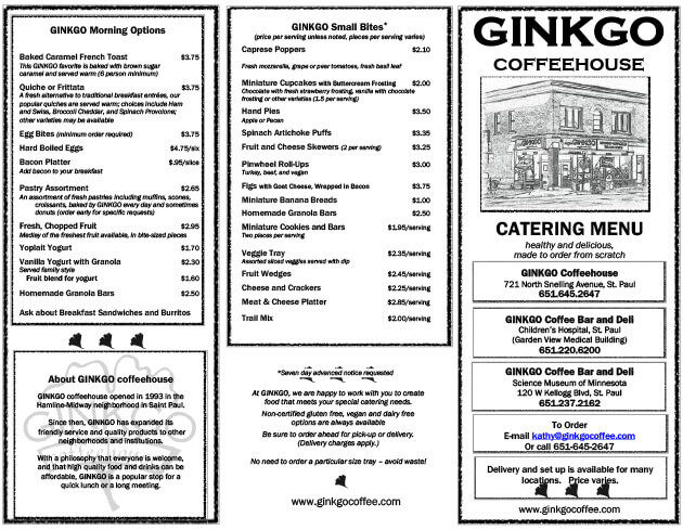 Ginkgo coffeehouse Catering Menu
