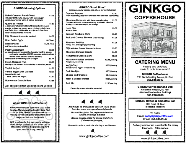 Ginkgo coffeehouse catering menu